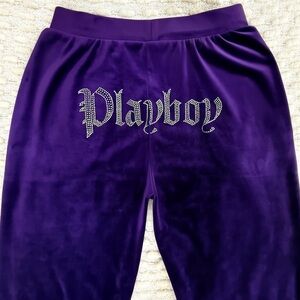 Playboy Bling Velour Wide Leg Pants Rhinestone Lounge Purple Size Medium